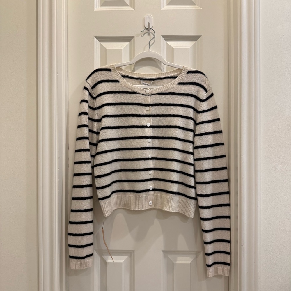 Reformation Clara Cashmere Crew Cardigan in Gossamer Black Stripe
